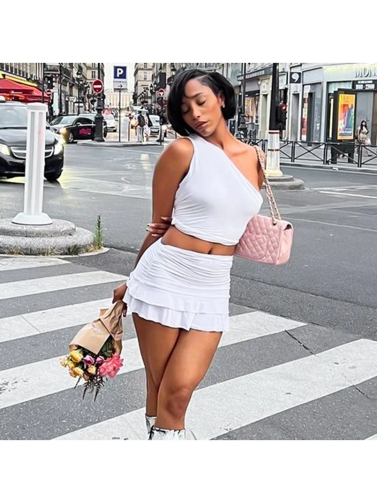 Patchwork Ruched One-shoulder Skirt Sets - Image 3