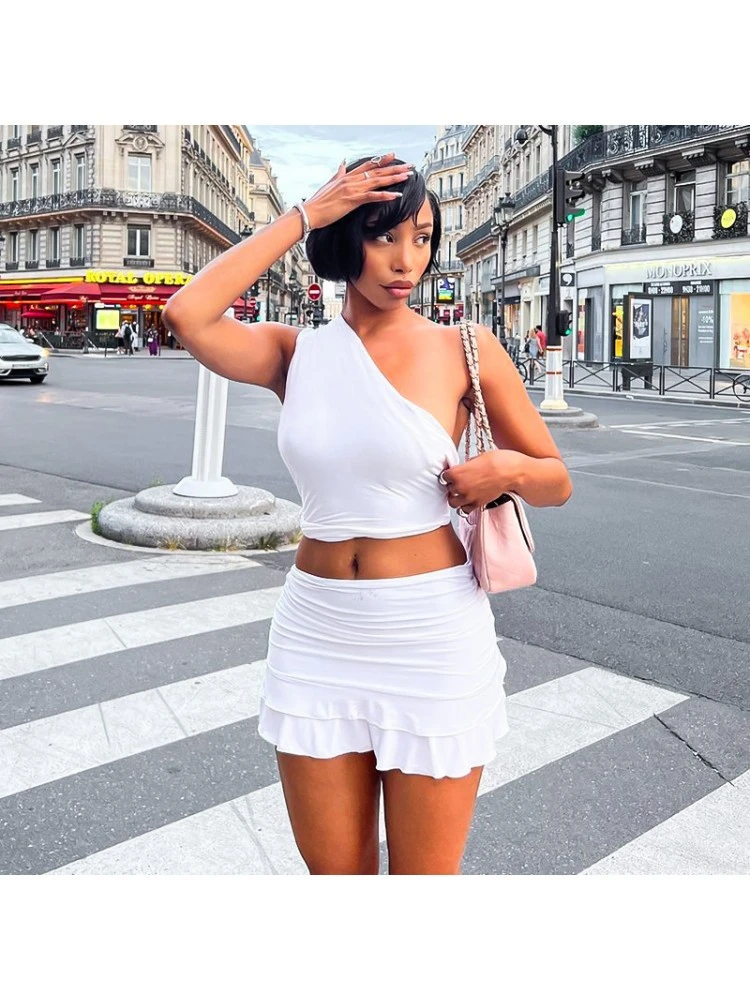 Patchwork Ruched One-shoulder Skirt Sets - Image 7