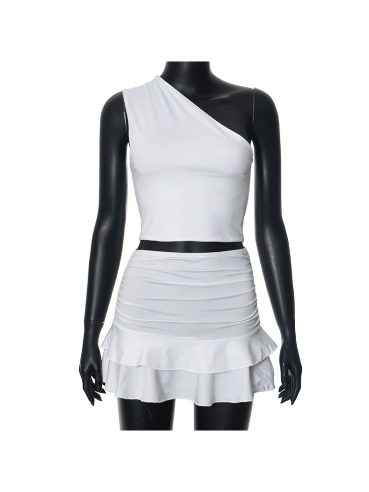 Patchwork Ruched One-shoulder Skirt Sets - Image 8