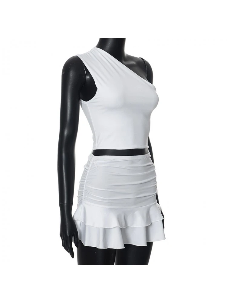 Patchwork Ruched One-shoulder Skirt Sets - Image 9