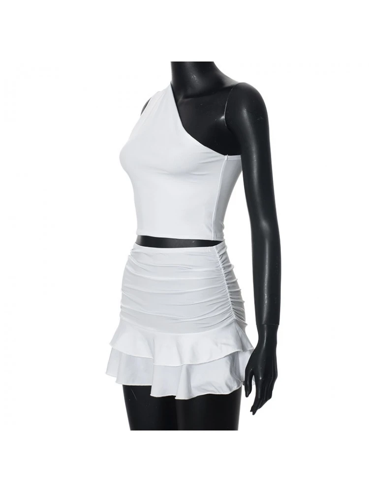 Patchwork Ruched One-shoulder Skirt Sets - Image 10