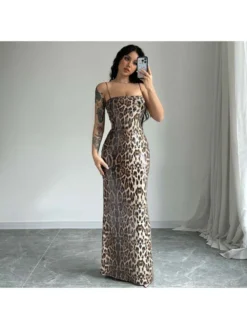 Sequin Leopard Spaghetti Straps Maxi Dress