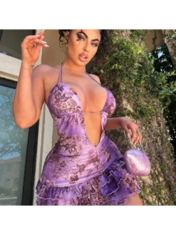 Halter Stringy Selvedge Print Backless Tiered Dresses