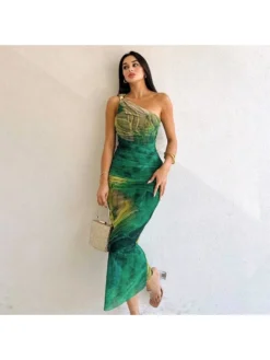 Colorblock Ruched One Shoulder Maxi Dress