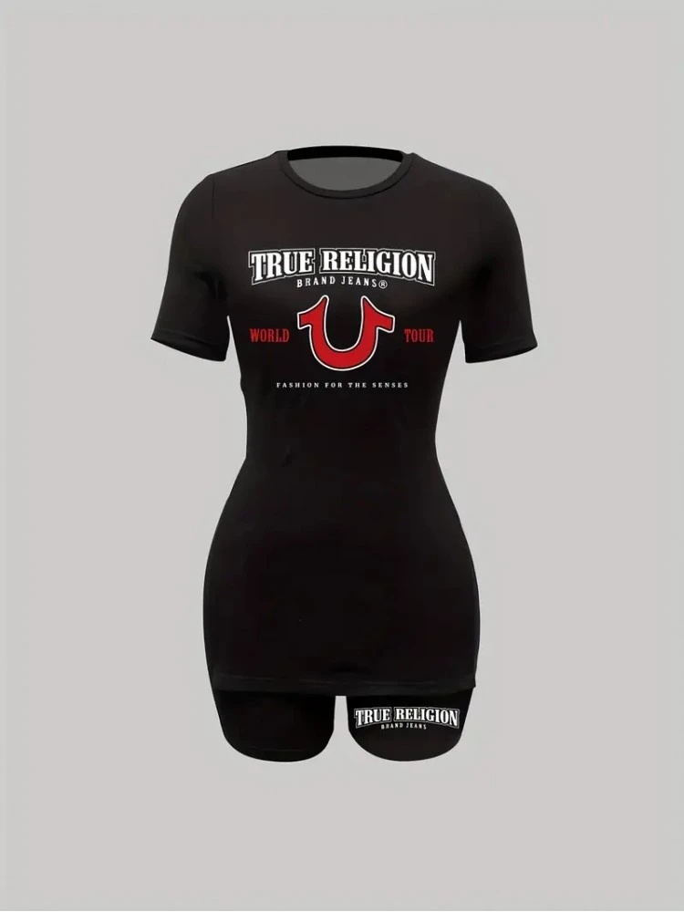 Letter Printed Loose Pullover Short Sets - Image 2