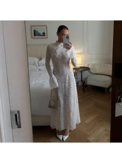 Solid Color Turtleneck Fitted Long Sleeves Dress