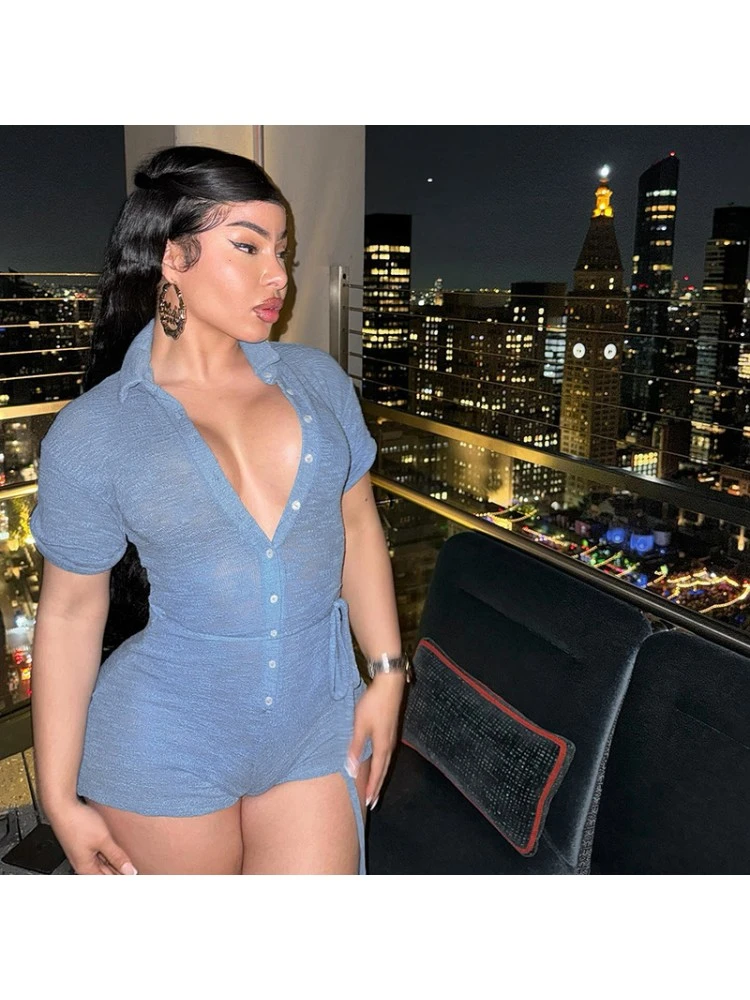 Lapel Button Up Fitted Rompers - Image 2