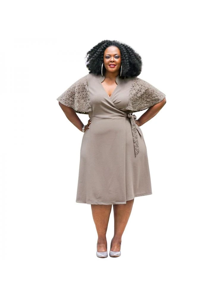 Patchwork Lace Detail Lace-Up V Neck Midi Dress - Image 2