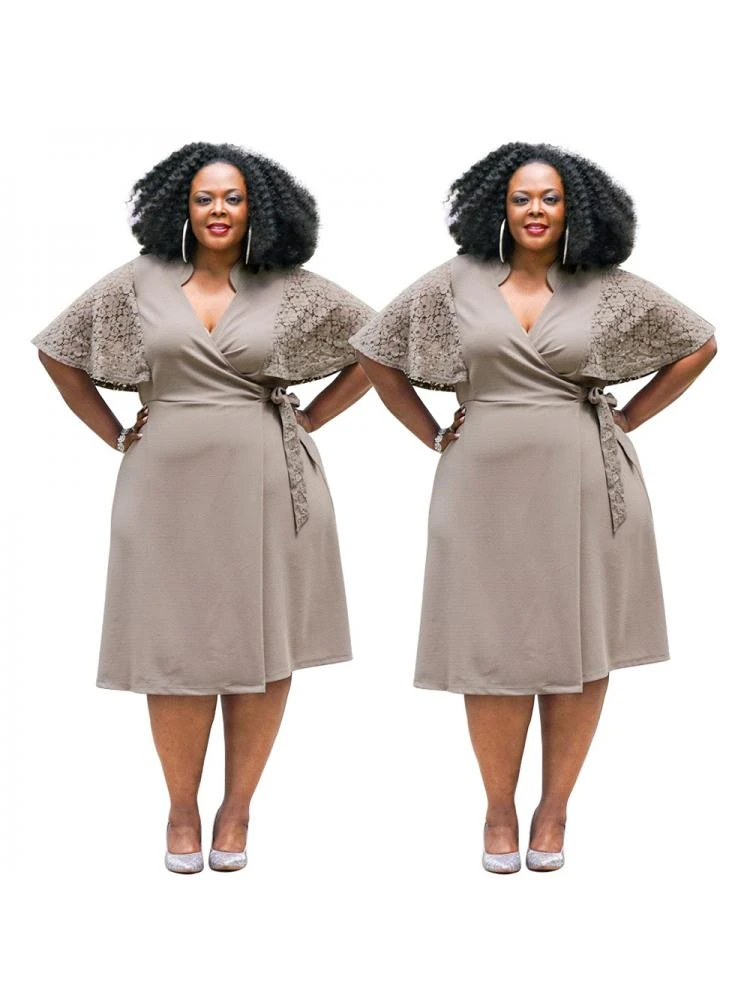 Patchwork Lace Detail Lace-Up V Neck Midi Dress - Image 3