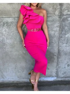 One-shoulder Trumpet Sleeve High Rise Sleeveless Dresses