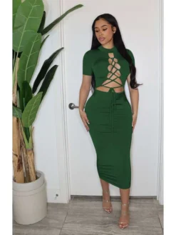 Plain Lace Up Short Sleeve Maxi Dress