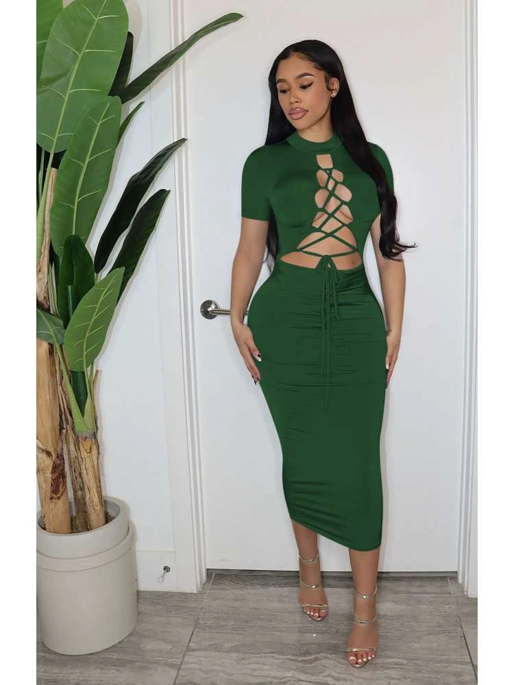 Plain Lace Up Short Sleeve Maxi Dress