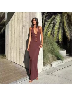 Hollow-out Plunging Neckline Backless Maxi Dresses