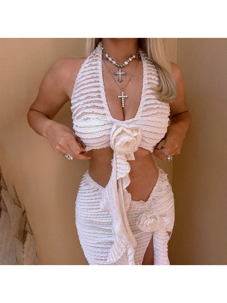 Patchwork Lace Backless Skirt Sets - Image 2