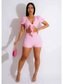 V Neck Lace Up Cropped Short Sets