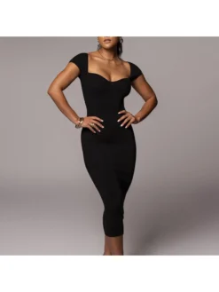 Solid Color Slim Short Sleeve Midi Dress