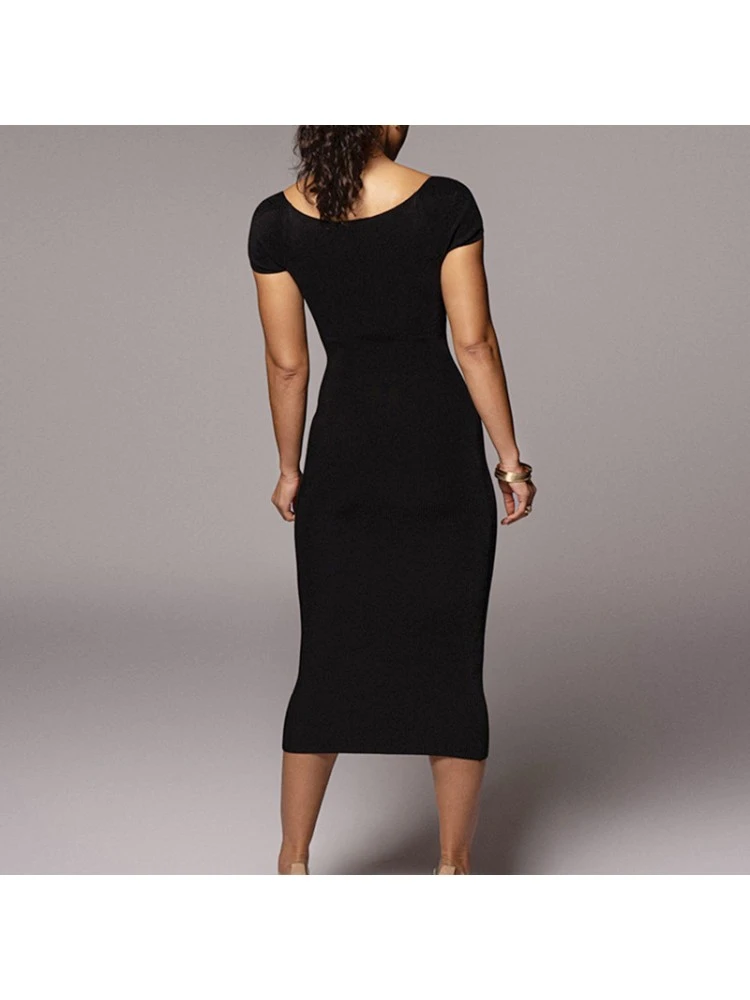 Solid Color Slim Short Sleeve Midi Dress - Image 3
