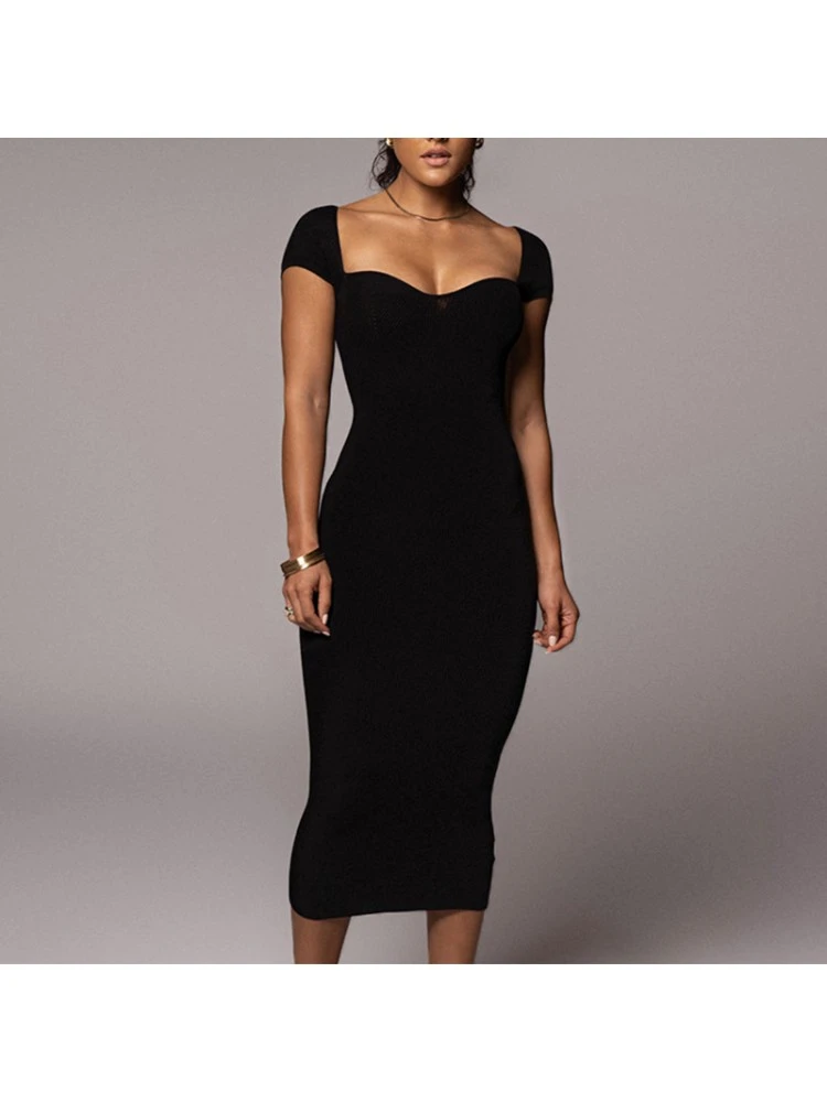 Solid Color Slim Short Sleeve Midi Dress - Image 5