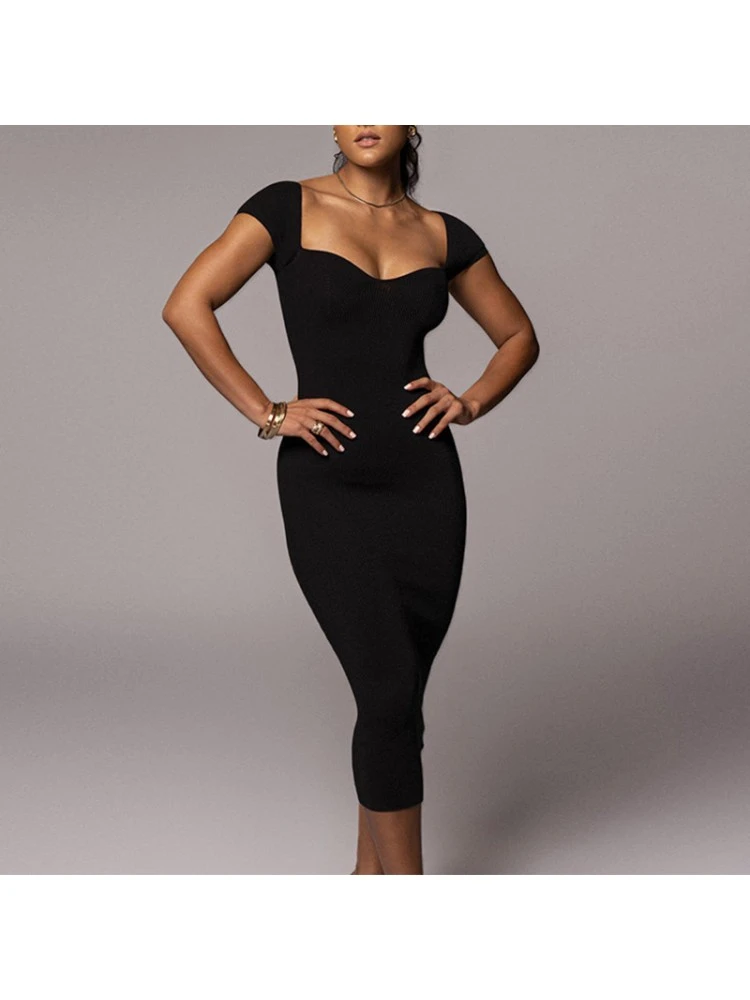 Solid Color Slim Short Sleeve Midi Dress - Image 6