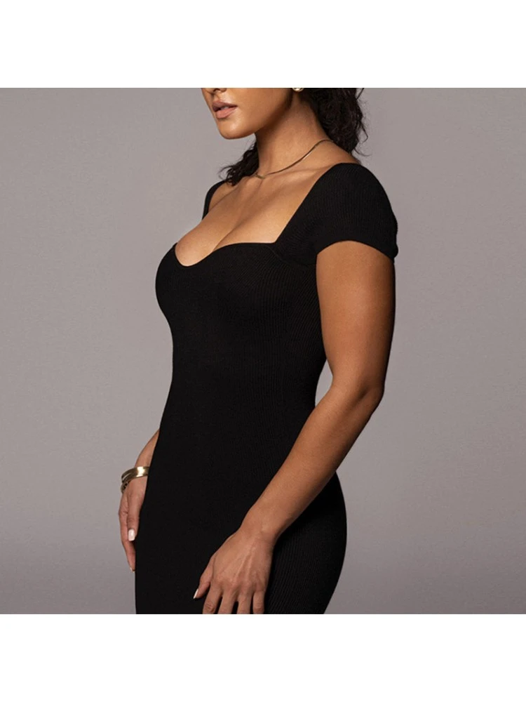 Solid Color Slim Short Sleeve Midi Dress - Image 8