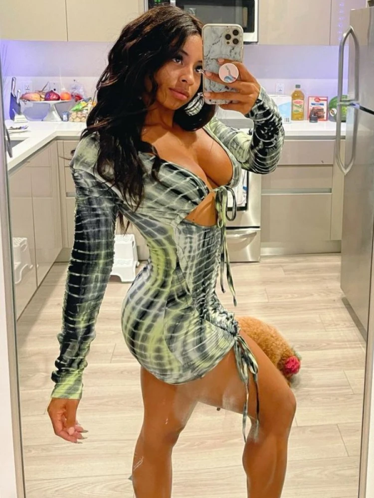 Snake Print Drawstring Lace Up Mini Dress - Image 2