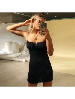 Ruffle Edge Lace Up Sleeveless Dress