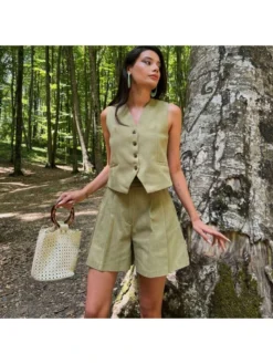 Sleeveless V Neck Single Breasted Pant Sets