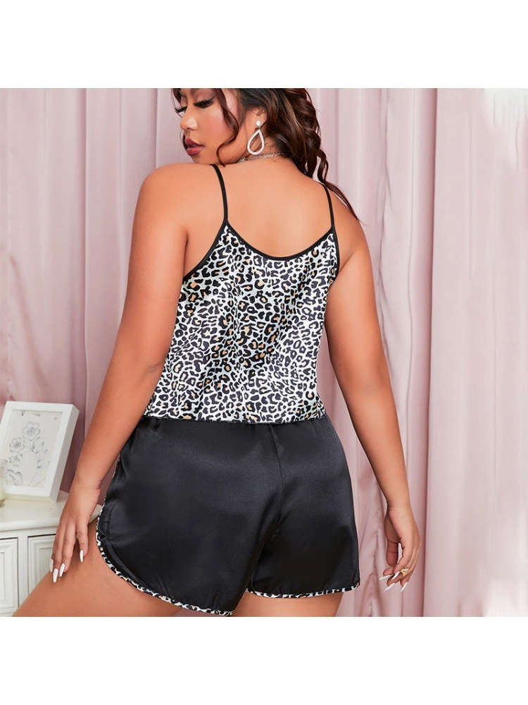 Plus Size Leopard Spaghetti Straps Baggy Pajamas Sets - Image 3