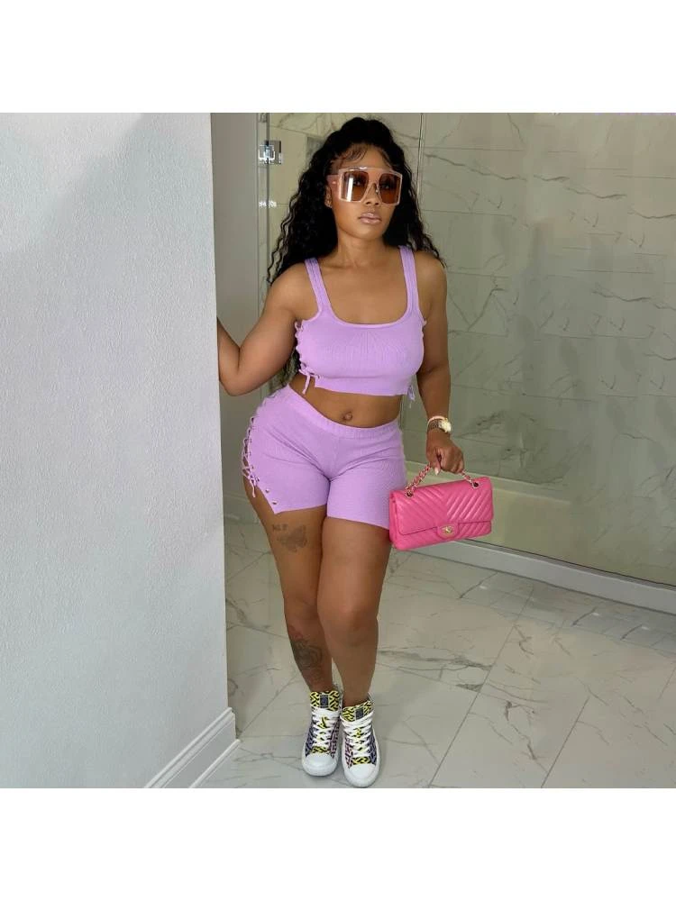 Lace Up Cropped Tank Short Sets