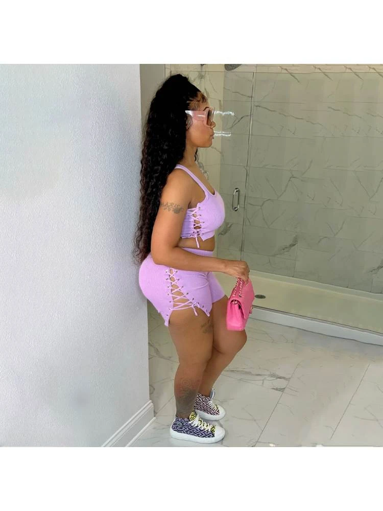 Lace Up Cropped Tank Short Sets - Image 2