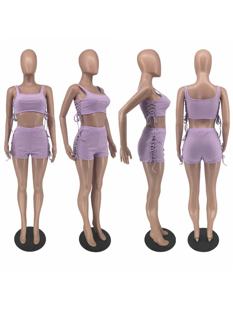 Lace Up Cropped Tank Short Sets - Image 3
