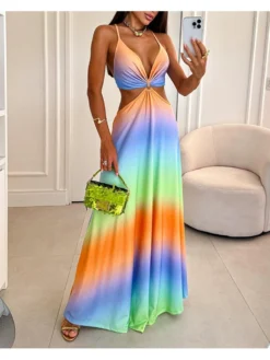 Colorblock Square Neck Fitted Sleeveless Dresses