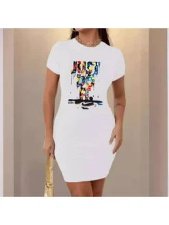 Letter Printed Bodycon Short Sleeve Mini Dress