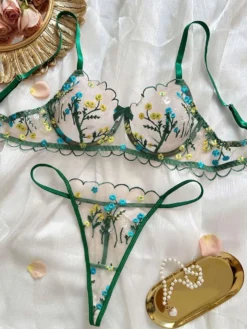Floral Embroidery See Through Bra Sets