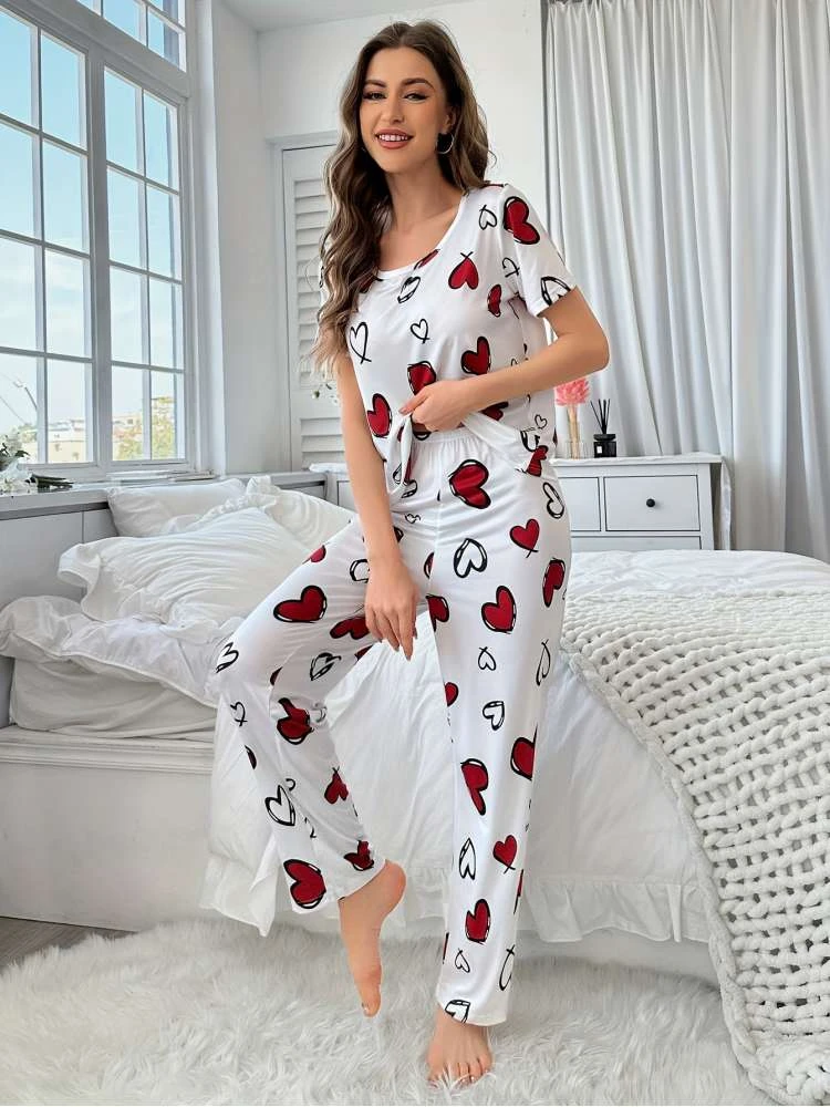 Heart Crewneck Fitted Pajamas Pants Sets