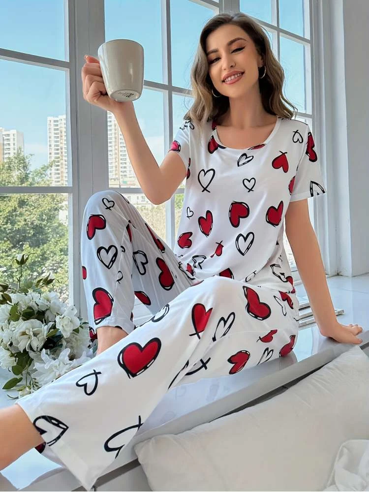 Heart Crewneck Fitted Pajamas Pants Sets - Image 2