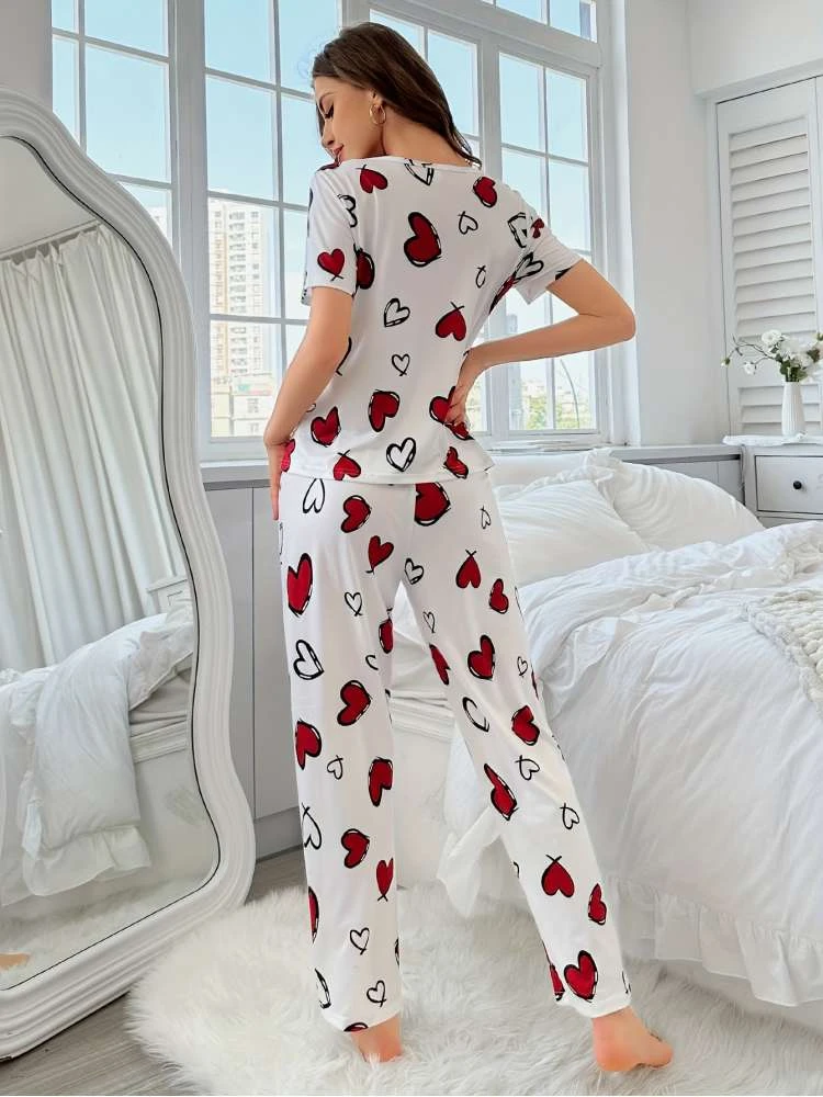 Heart Crewneck Fitted Pajamas Pants Sets - Image 5