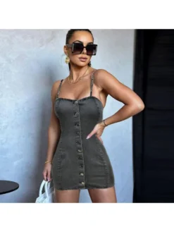 Buckle Denim Sleeveless Mini Dress