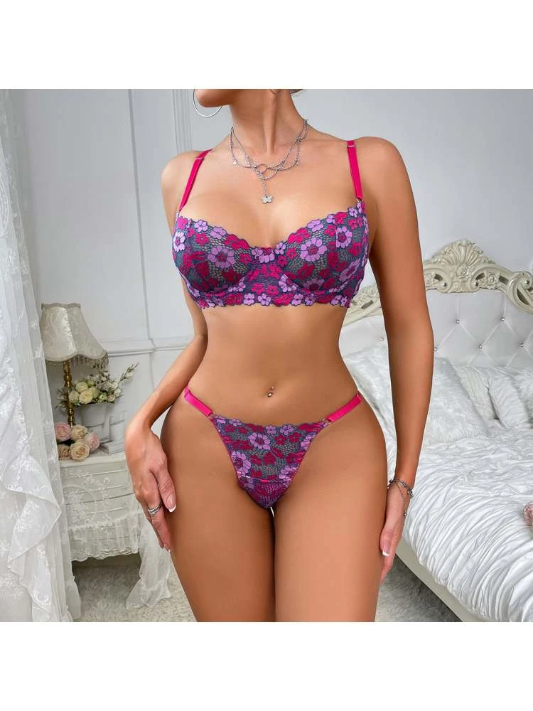 Contrast Color Flower Hollow-out Bra Sets - Image 2