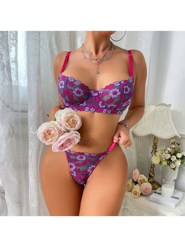 Contrast Color Flower Hollow-out Bra Sets - Image 3