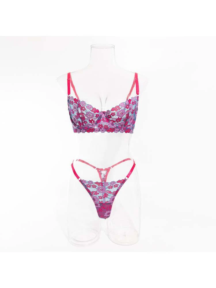 Contrast Color Flower Hollow-out Bra Sets - Image 7
