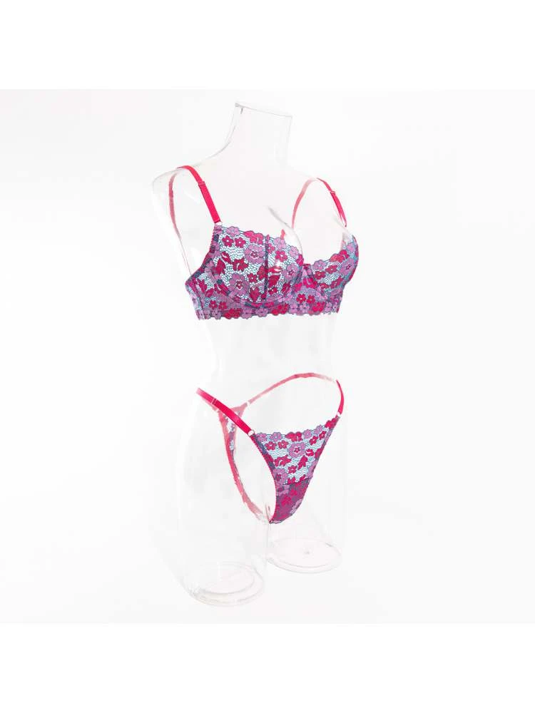 Contrast Color Flower Hollow-out Bra Sets - Image 8