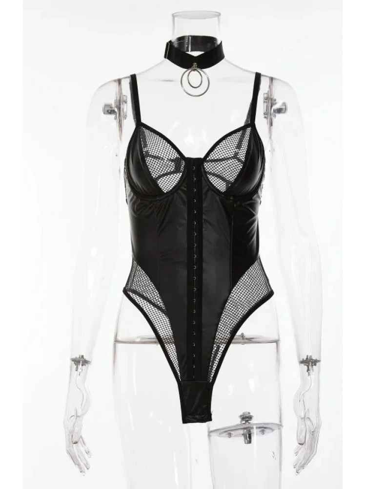 Grid PU Patchwork Buckle Sexual Bodysuits - Image 5