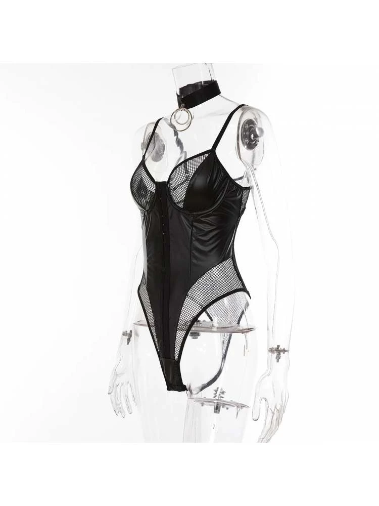 Grid PU Patchwork Buckle Sexual Bodysuits - Image 6