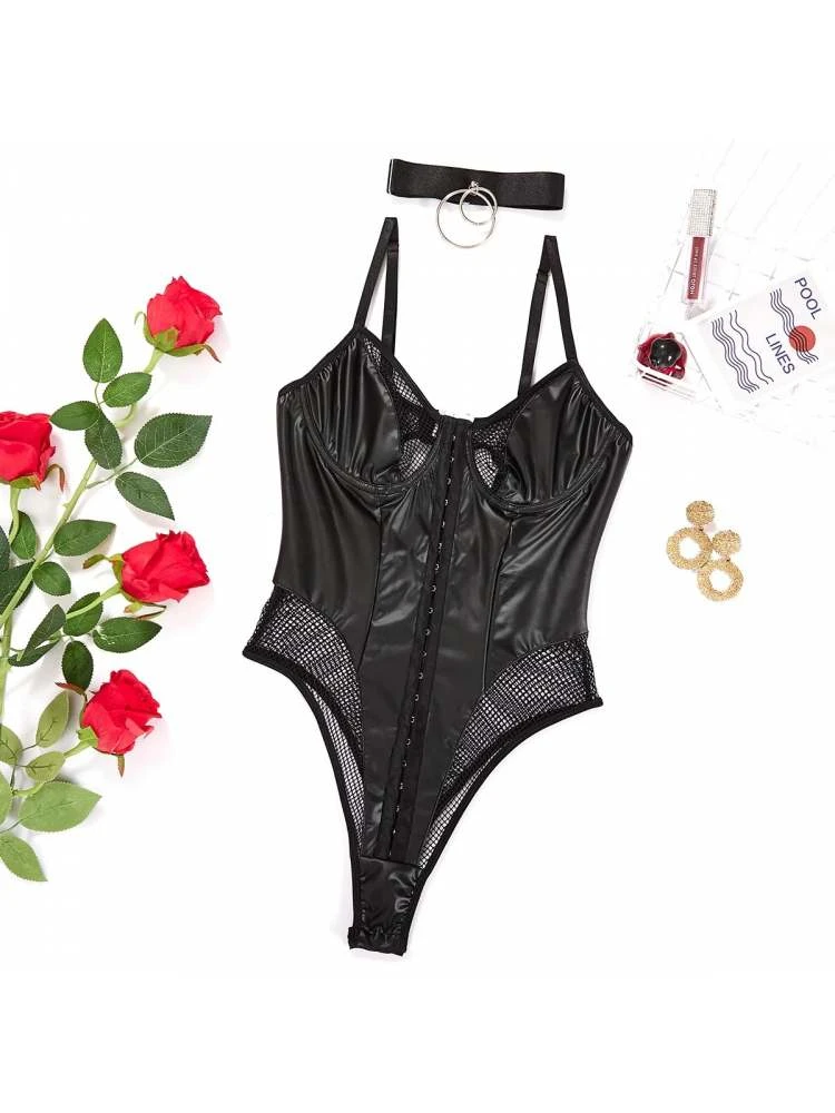 Grid PU Patchwork Buckle Sexual Bodysuits - Image 8