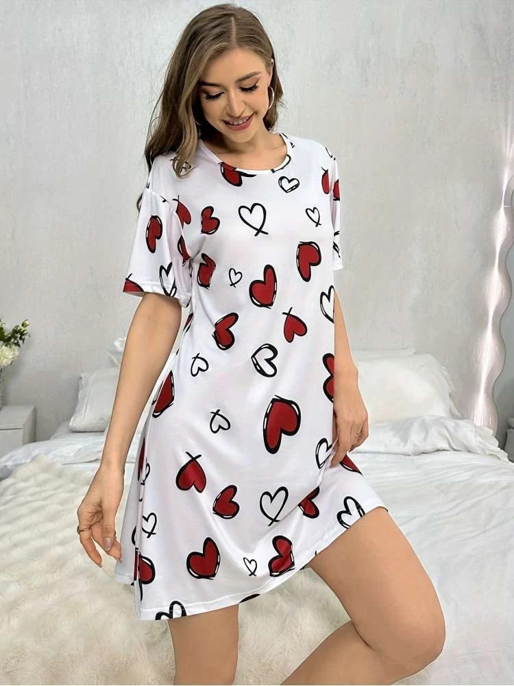 Heart Crewneck Short Sleeve Straight Pajamas Dress