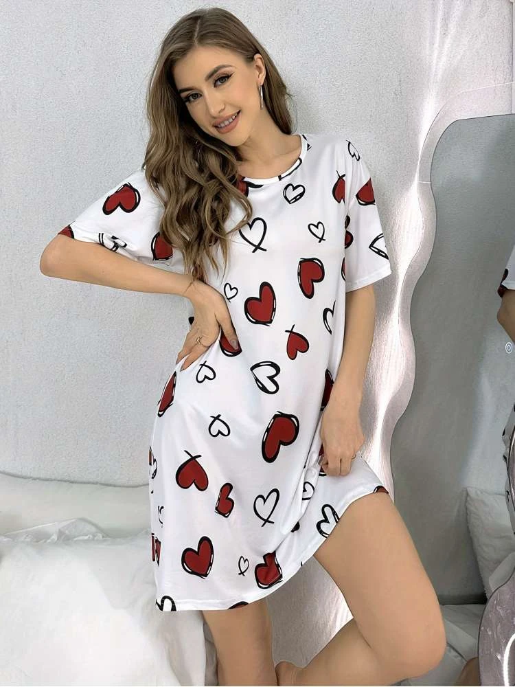 Heart Crewneck Short Sleeve Straight Pajamas Dress - Image 2