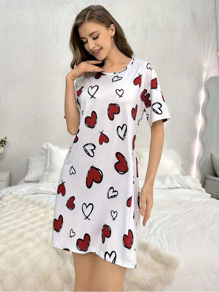 Heart Crewneck Short Sleeve Straight Pajamas Dress - Image 3