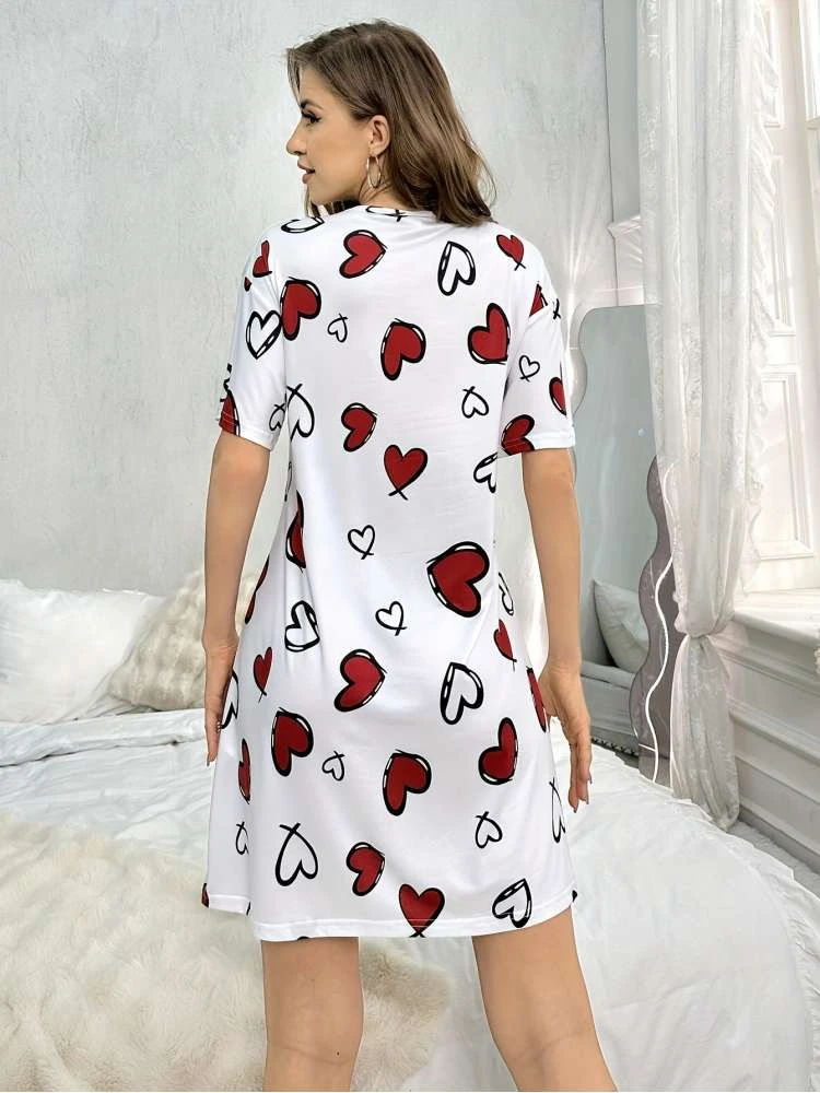 Heart Crewneck Short Sleeve Straight Pajamas Dress - Image 5