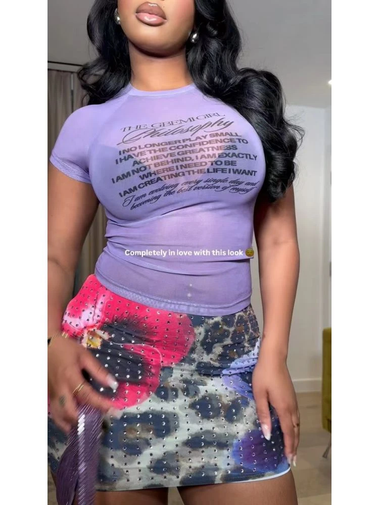 See Through Cropped Rhinestones Skirt Sets - Image 5